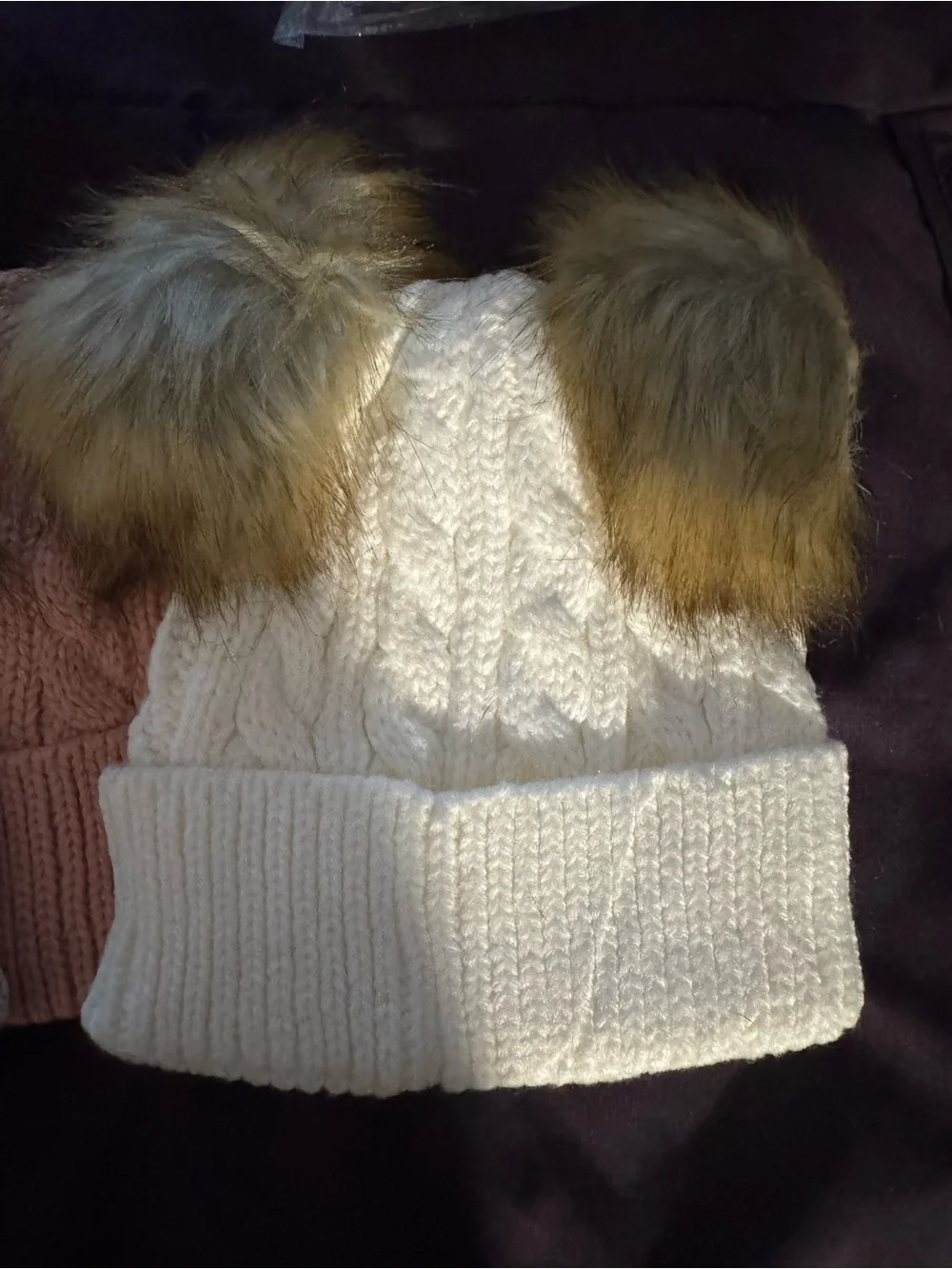 Baby Winter Hats In Cream, Pink & Tan With Double Pom Poms